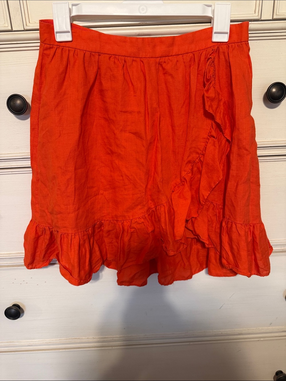 J. Crew Bright Orange Ruffle Mini Skirt 100 % cotton with 100% linen lining